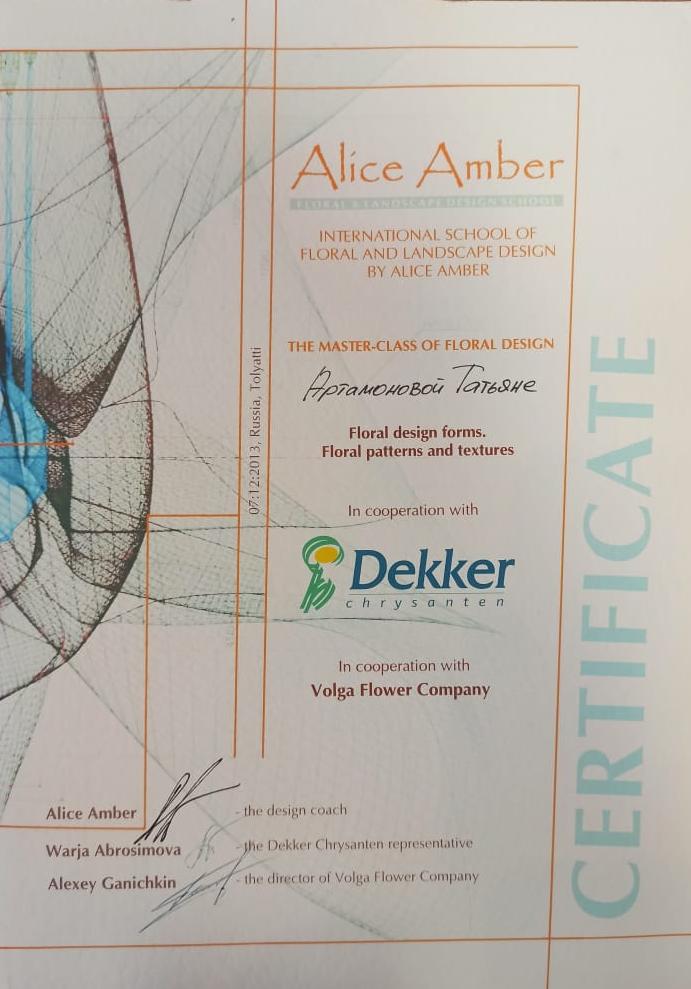 Сертификат об участии в мастер-классе Alice Amber